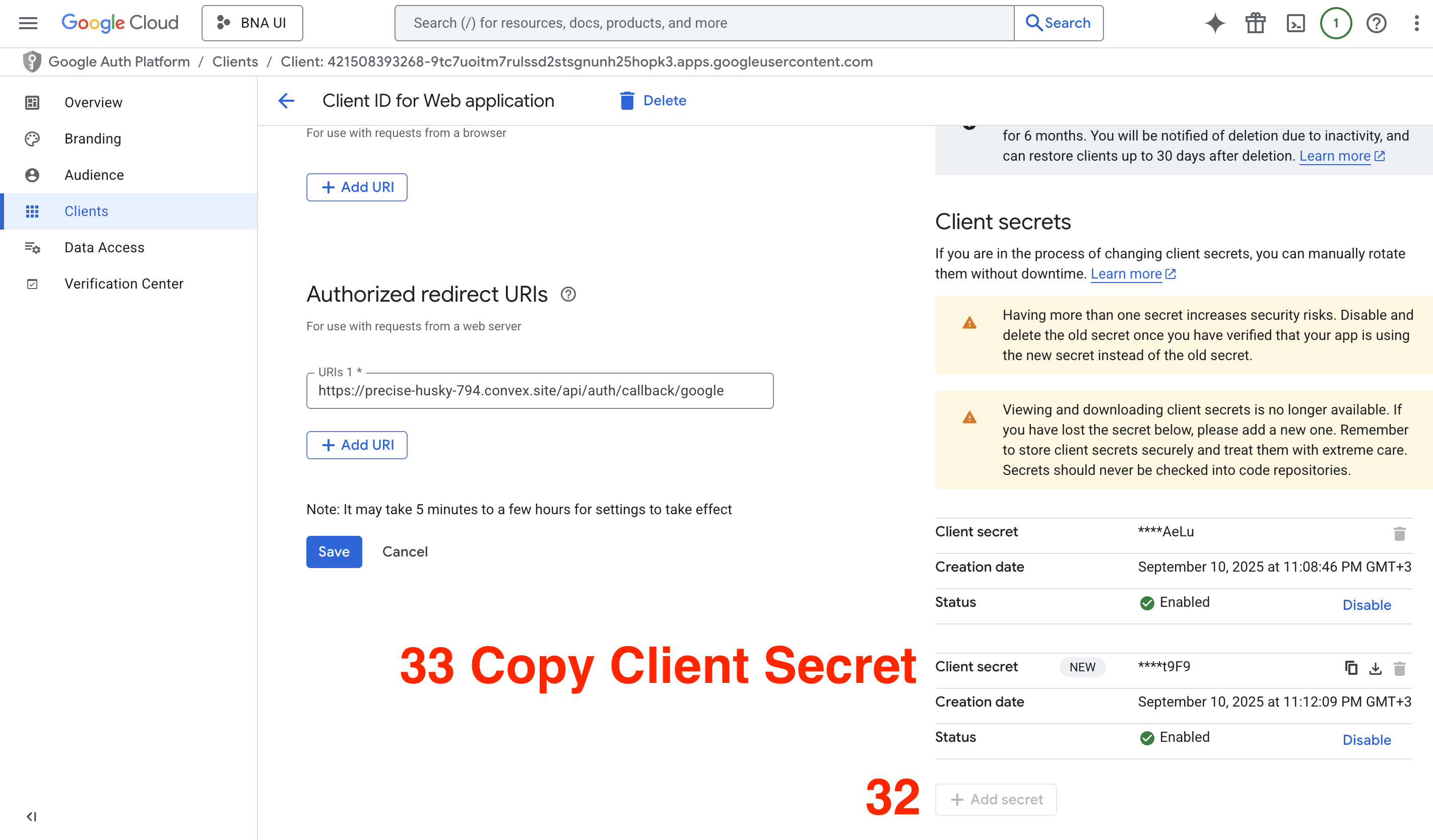 Viewing OAuth Client ID and Client Secret